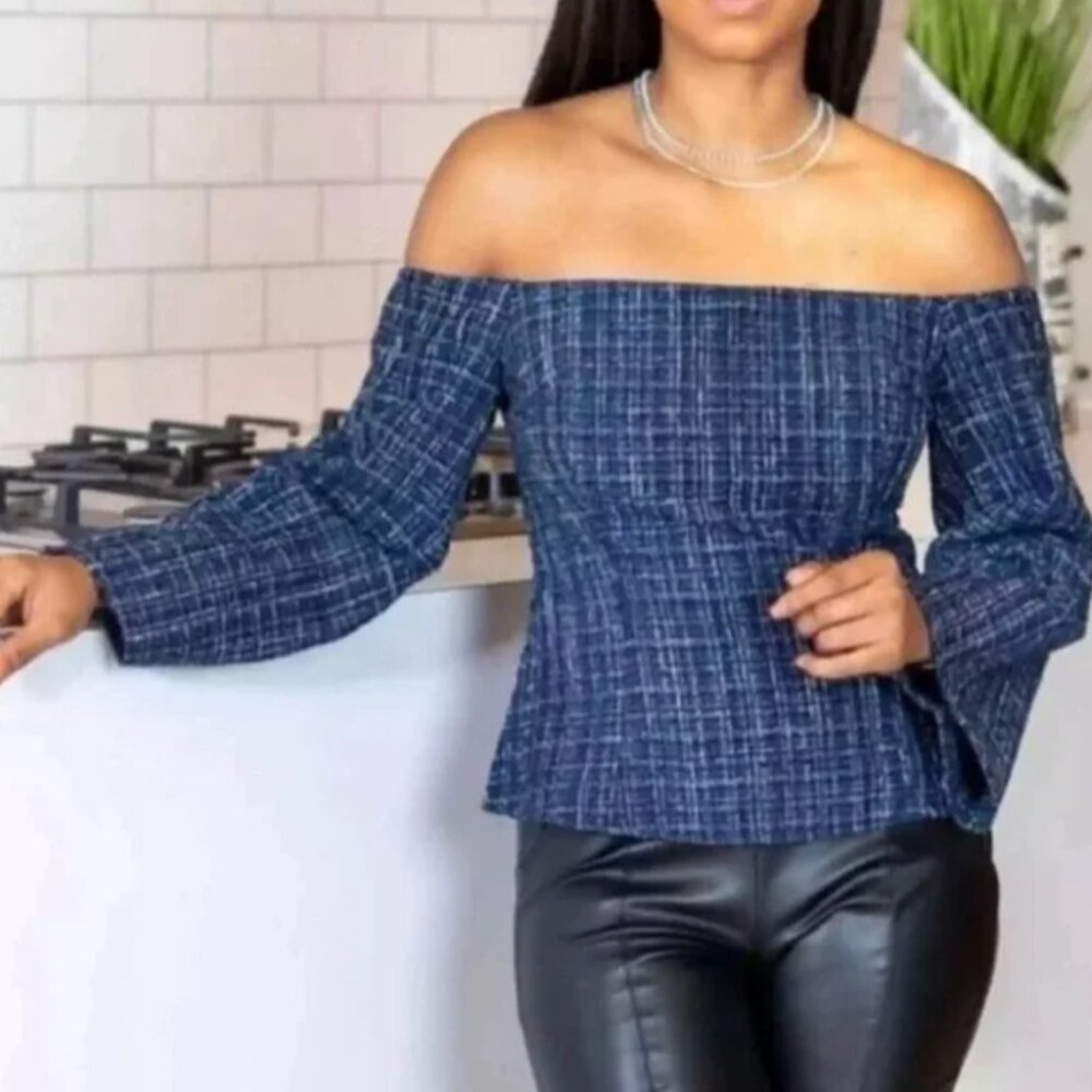 NWT ZARA Tweed Textured Off Shoulder Top Flare Sleeve 8741/257/030 Size SMALL